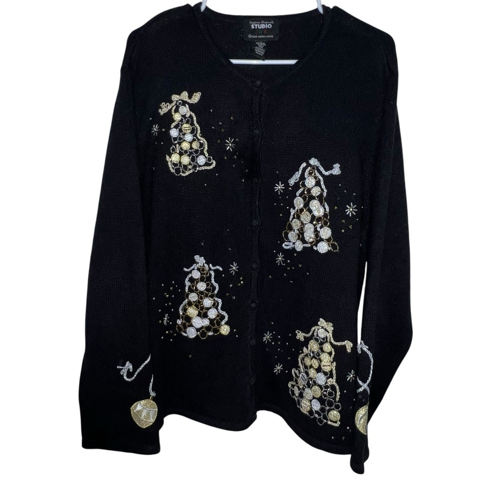 Studio Joy Christmas Sweater 1X Black with Gold/Silver Trees Beads & Bling Ramie